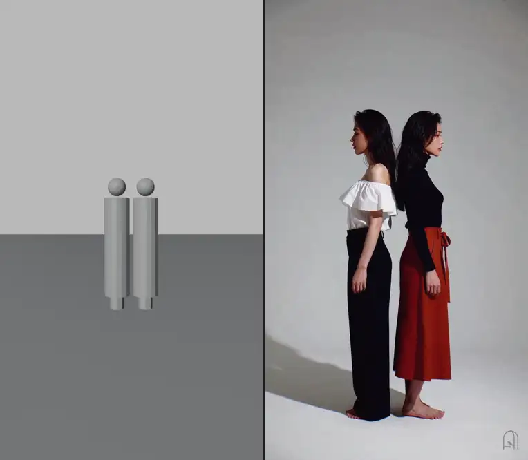 左為 Blender 白模的分開走位,右為成品 00:40,兩邊同步播放(動圖)