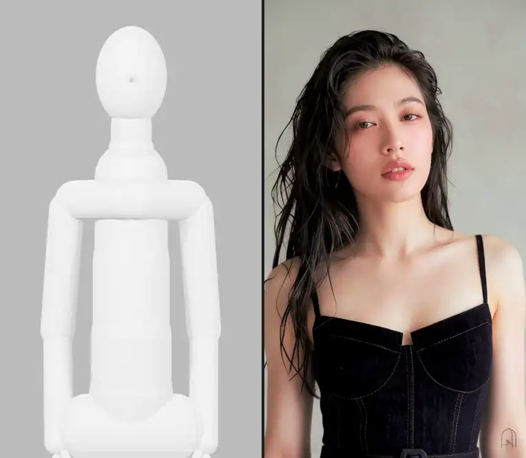 左為 Blender 白模的環繞運鏡,右為成品 00:54,兩邊同步播放(動圖)